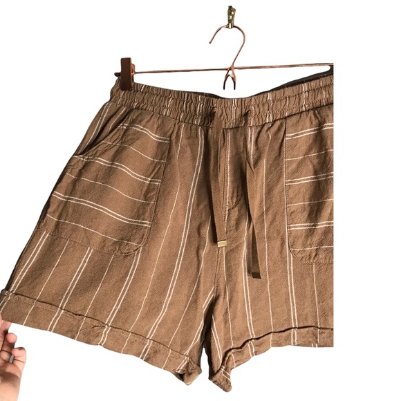 Time and Tru Pants - Time & Tru | High Waisted Linen Shorts Brown & White Striped Shorts Drawstring